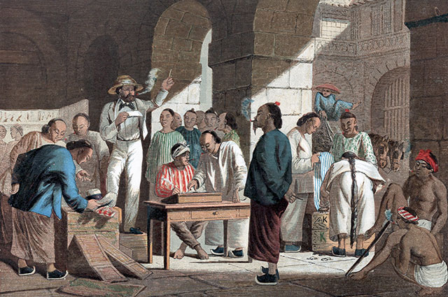 Торговля английскими товарами в Китае, 1858 г. Олеография. Фото: www.globallookpress.com