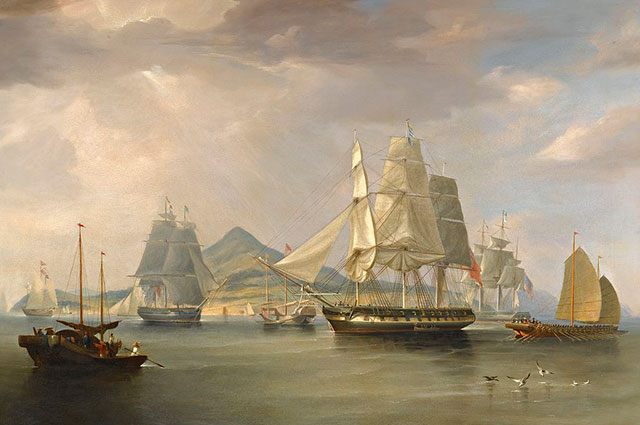 Корабли с опиумом у острова Линдин. 1824 год. С картины У. Хаггинса. Источник: Public Domain